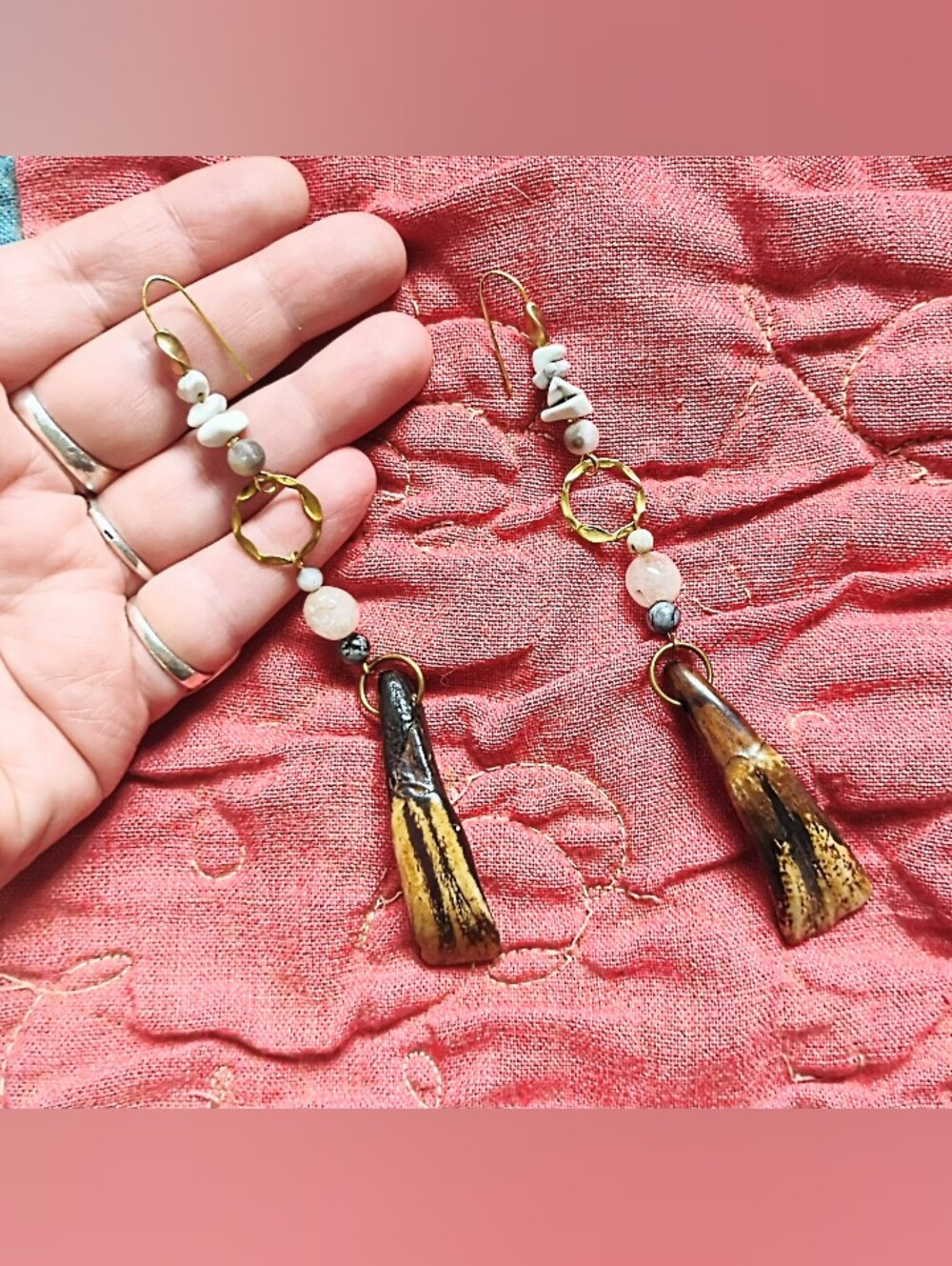 XXL Dark Buffalo Tooth and Stone Earrings